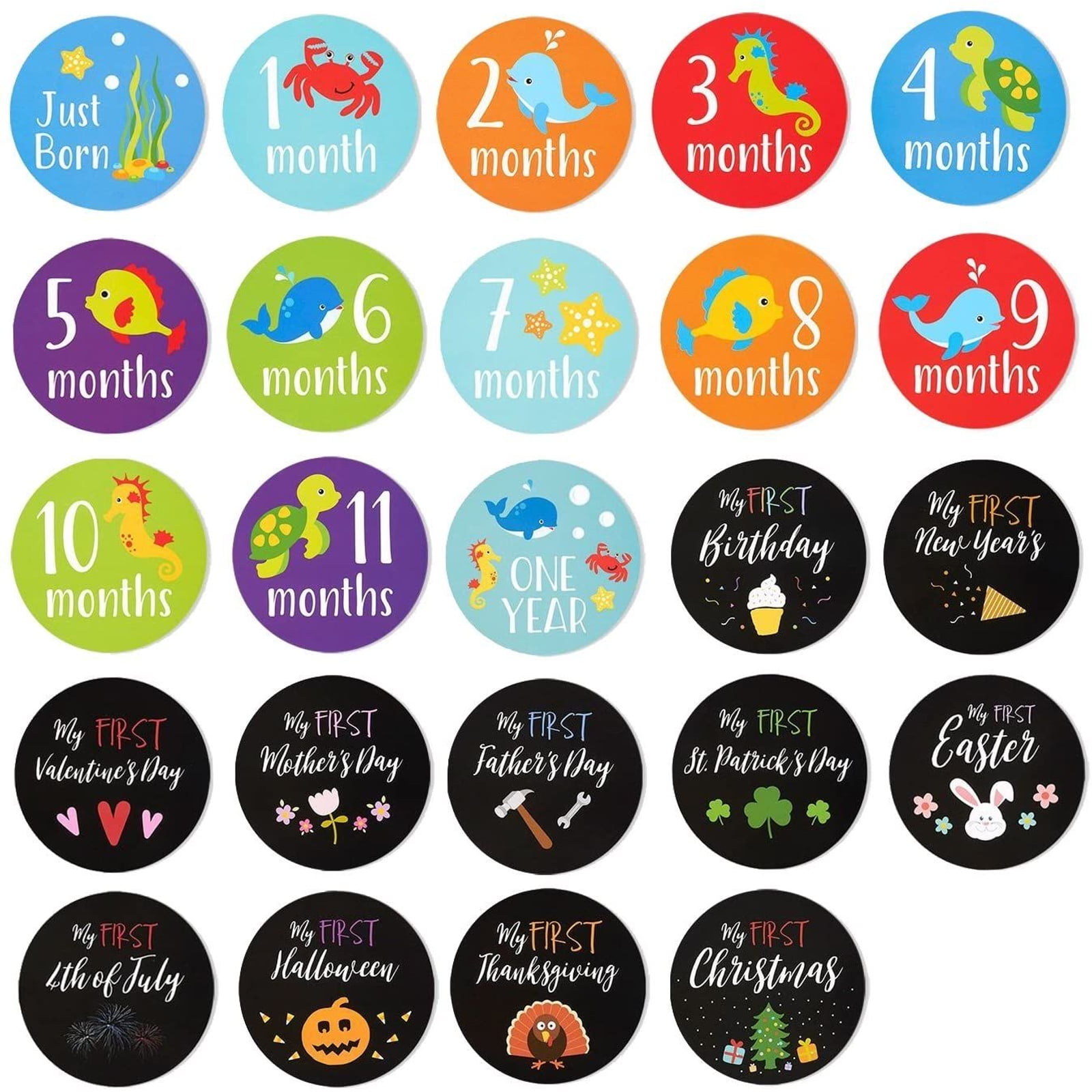 Baby Milestone Stickers Keepsake Journal and Baby Pictures 4.4 inches in Diameter Christmas for Baby Scrapbook Thanksgiving 24-Count First Year Baby Monthly Stickers Including Birthday