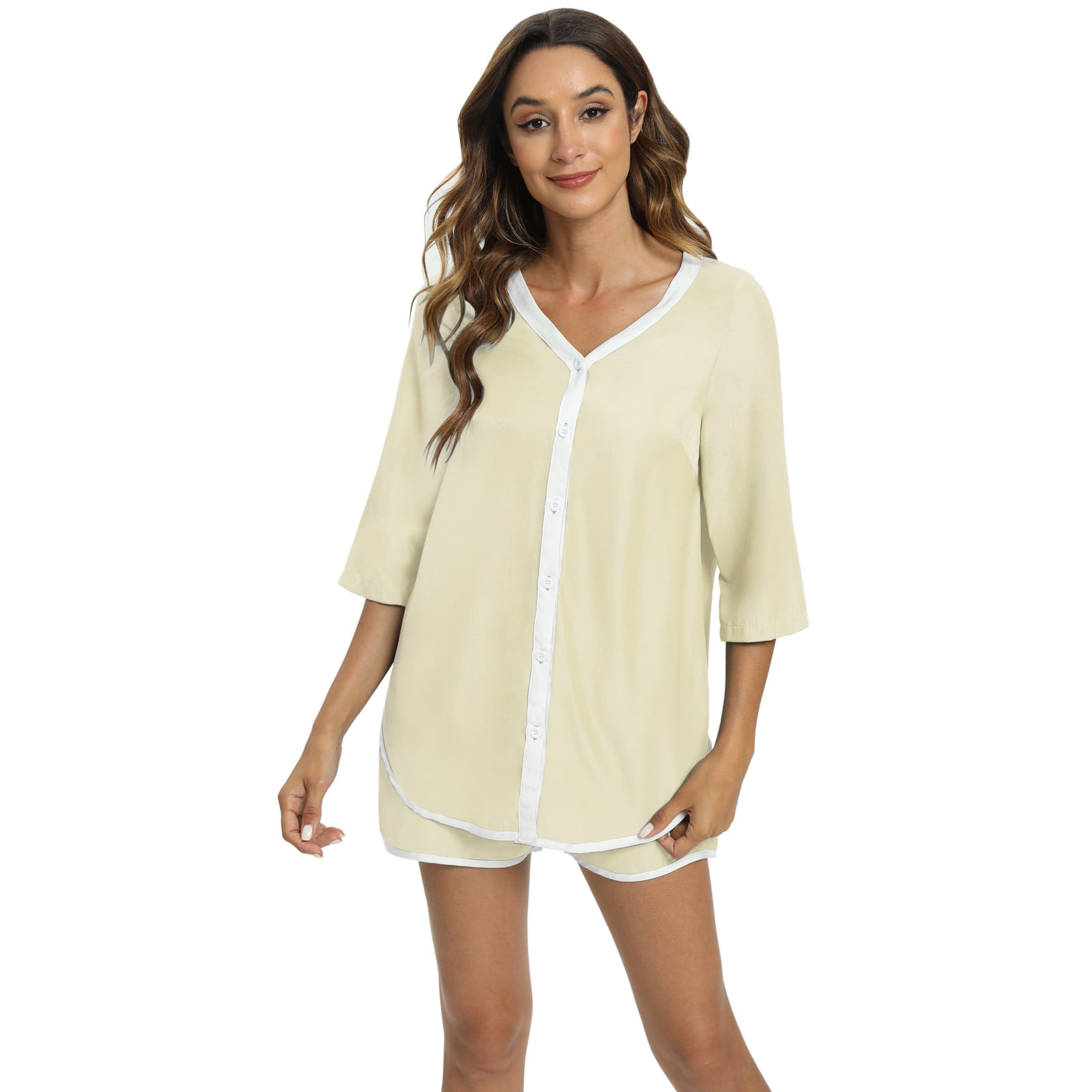 WBQ Women's Smooth Pajama Set Short Sleeve T-shirt With Shorts Set PJ  Loungewear Khaki S-2XL