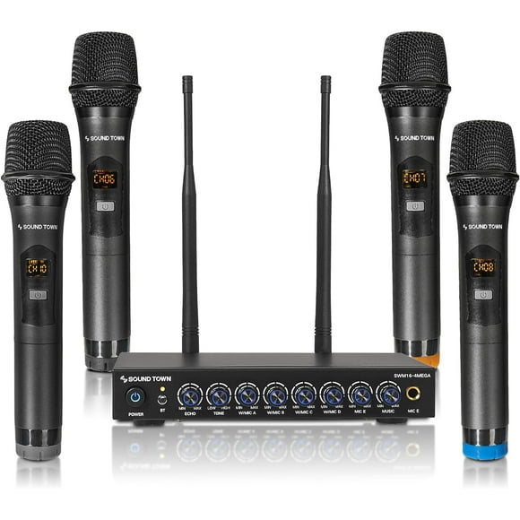 Sound Town 200 Channels Wireless Microphone Karaoke Mixer System, with 4 Metal Handheld Microphones, Optical (Toslink), AUX, for Smart TV, Home Theater, Sound Bar (SWM16-4MEGA)