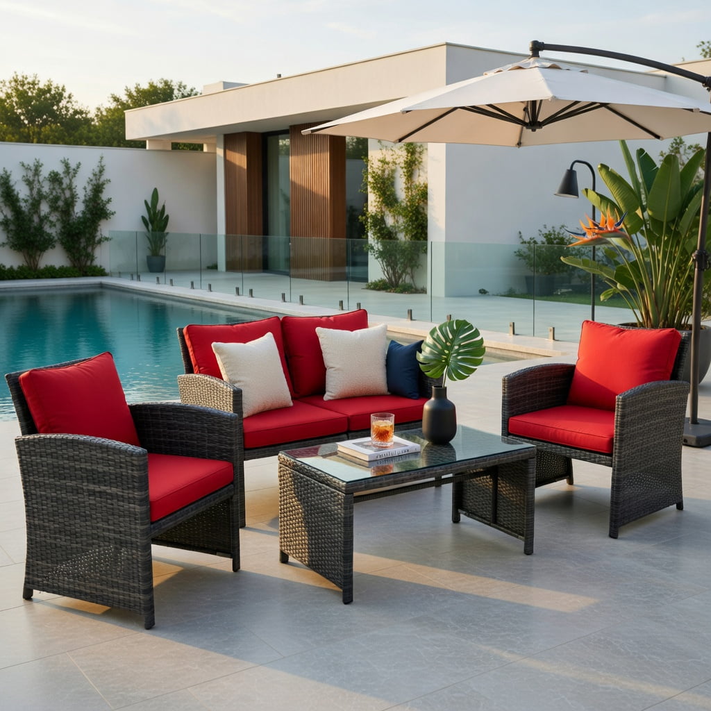 Hommoo 4-Piece PE Rattan Patio Furniture Set with Removable Cushions, Loveseat, 2 Single Chairs & Tempered Glass Coffee Table for Backyard, Garden or Balcony, Red