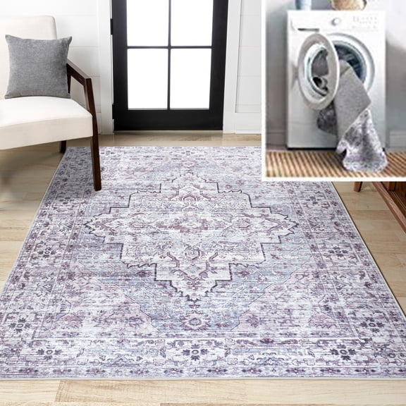 JONATHAN Y WASHABLE 5 x 8 Area Rug, Didim Boho Medallion - Gray/Purple, WSH102A-5