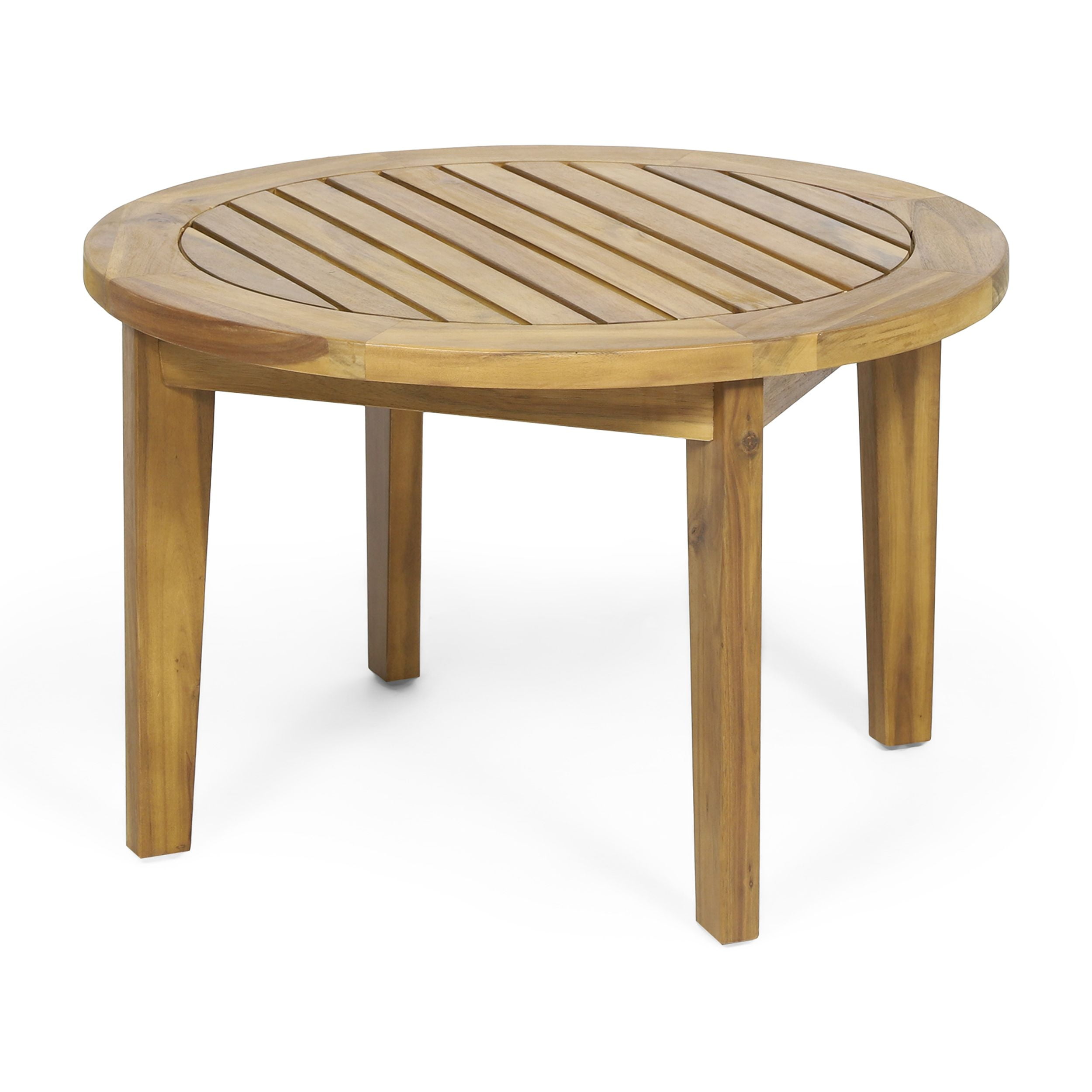 27-Inch Round Outdoor Acacia Wood Coffee Table with Slatted Top and Tapered Legs, Patio Side Table for Garden, Brown