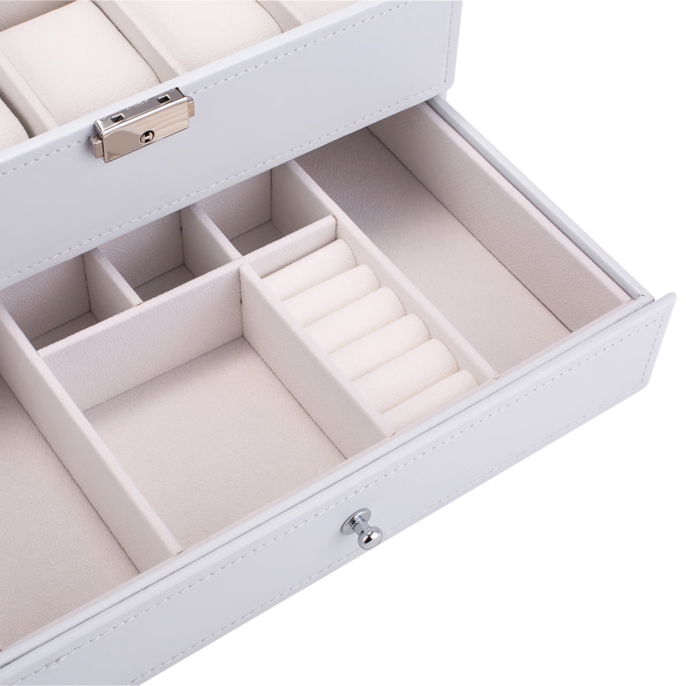 Kepooman 10 Slots Watch Box, Watch Dislpay Box Organizer, Pu Leather with Glass Top, White