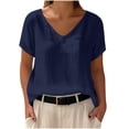 thumbnail image 3 of Pxxlle Summer T Shirts for Women Loose Fit V Neck Linen Shirt Solid Color Short Sleeve Basic Tees Navy XL, 3 of 6