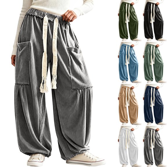 Evdexr Womens Pants Bohemian Elastic Drawstring Trousers Corduroy Baggy Wide Leg Casual Slacks Travel Stylish Bottoms with Big Pockets Gray 2XL
