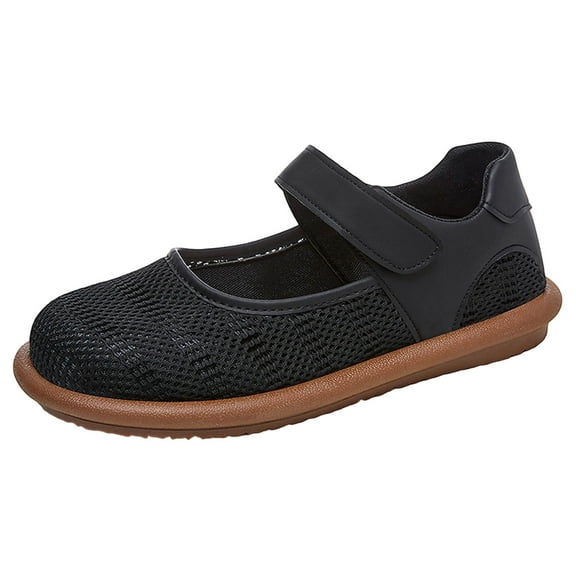 RUIYANQI Women's Mesh Mary Jane Flats Hook Loop Strap Casual Shoes Breathable Comfortable Footwear Lightweight Walking Shoes for Daily Black Women Sandal