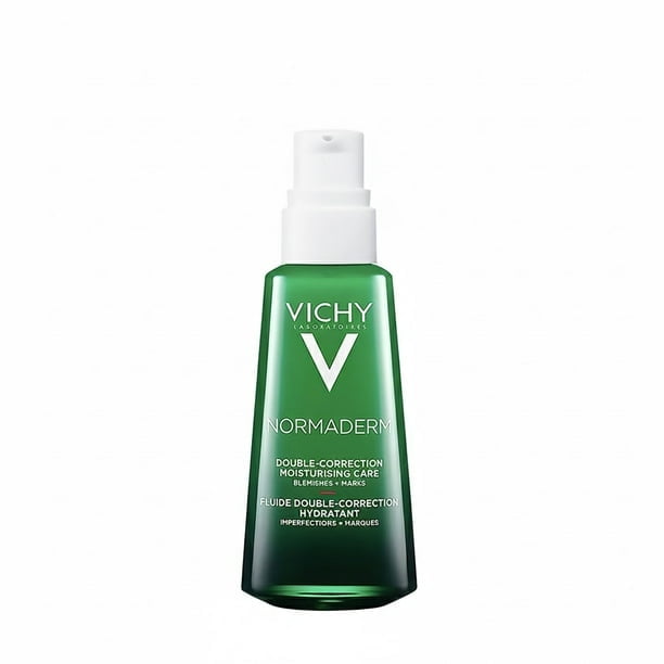tratamiento de doble corrección vichy normaderm phytosolution para pieles con tendencia acnéica 50ml envase frontal centrado, botella cónica verde con dispensador pump y tapa blanca que muestra el logo Vichy y texto Normaderm; tamaño 50ml, a menudo llevado en neceser para viaje.