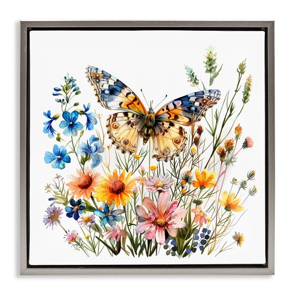 Stupell Industries Spring Butterfly Garden Insects Painting Gray Floater Framed Canvas Art Print Wall Art, 18 x 18