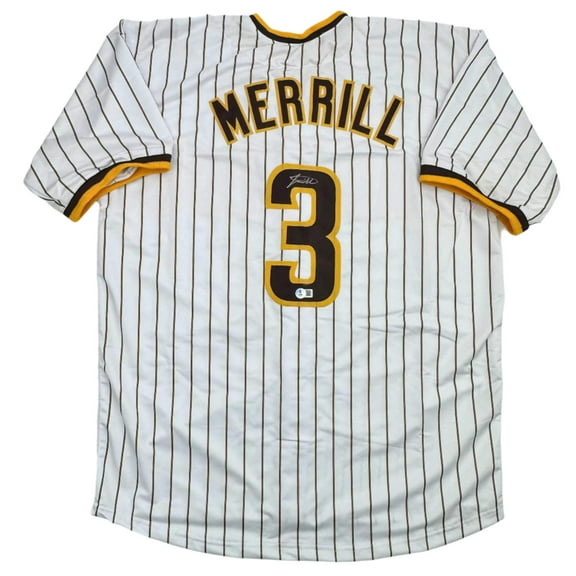 Autographed/Signed Jackson Merrill San Diego Pinstripe Baseball Jersey Beckett BAS COA