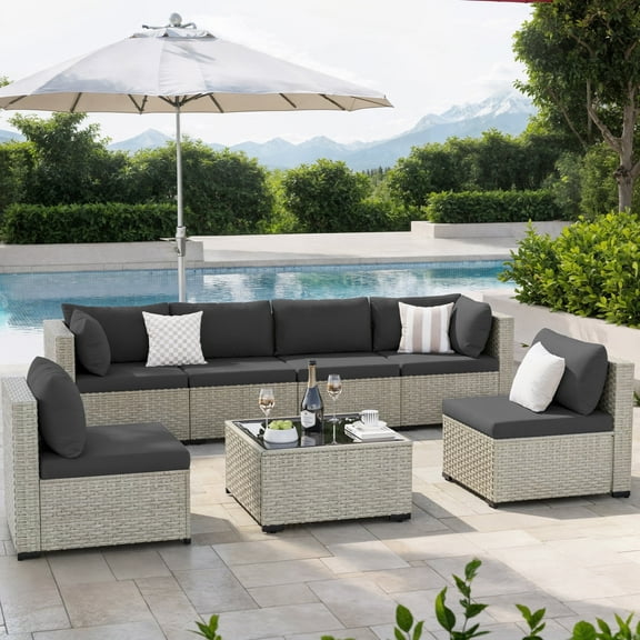 Amopatio 7 Pieces Patio Conversation Set, Outdoor Sectional PE Rattan Wicker Furniture Seat,GRAY