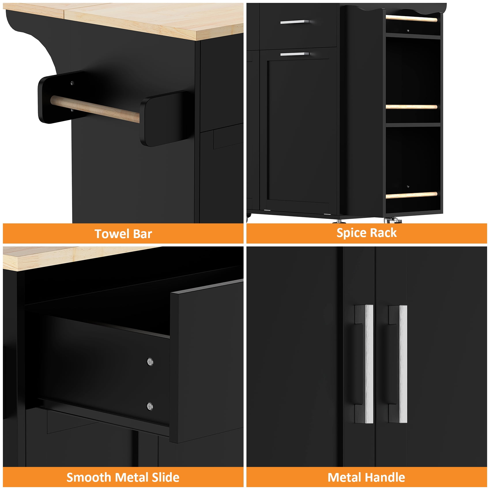 Meteorleg Rolling Kitchen Island with Drop Leaf, Tilt Out Kitchen Trash Cabinet 10 Gallon Storage, Kitchen Cart Island with Rubber wood Top, Spice Rack and Drawers,Black