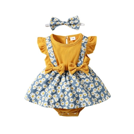 

Calsunbaby Infant Baby Girls Romper Dress Children Daisy Print Bow Summer Casual Fly Sleeve Newborn Jumpsuit