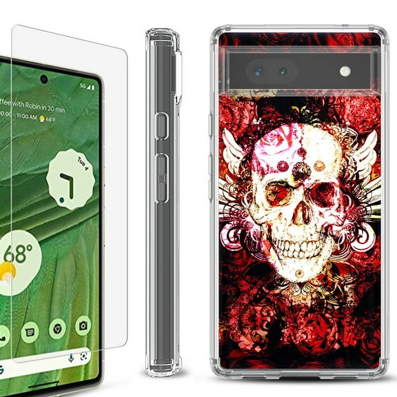 Shockproof Bumper Phone Case for Google Pixel 6a, with Tempered Glass Screen Protector, by OneToughShield ® - Rose Skull