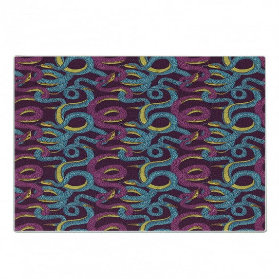 Animal Cutting Board, Hand Drawn Style Pattern with Snakes Swirled Tangled Bodies Exotic Reptiles, Decorative Tempered Glass Cutting and Serving Board, Small Size, Plum Blue Yellow, by Ambesonne