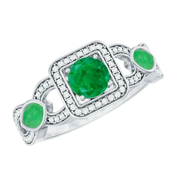 Rosec Jewels Emerald Vintage Inspired Engagement Ring for Women - Natural Emerald Diamond Ring (AAA Quality) - With Jewelry Box, 925 Sterling Silver, US 4.00