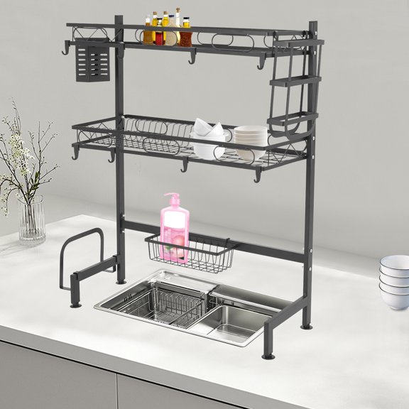 2-Tier Carbon Steel Adjustable Large 24.4" Dish Drying Rack with Large Drainage Multifunctional