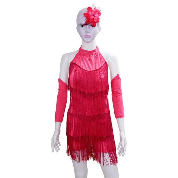 Latin Dance Dress Girls 140cm Latin Fringe Dress Ballroom Dance Costume Dancing Clothing red