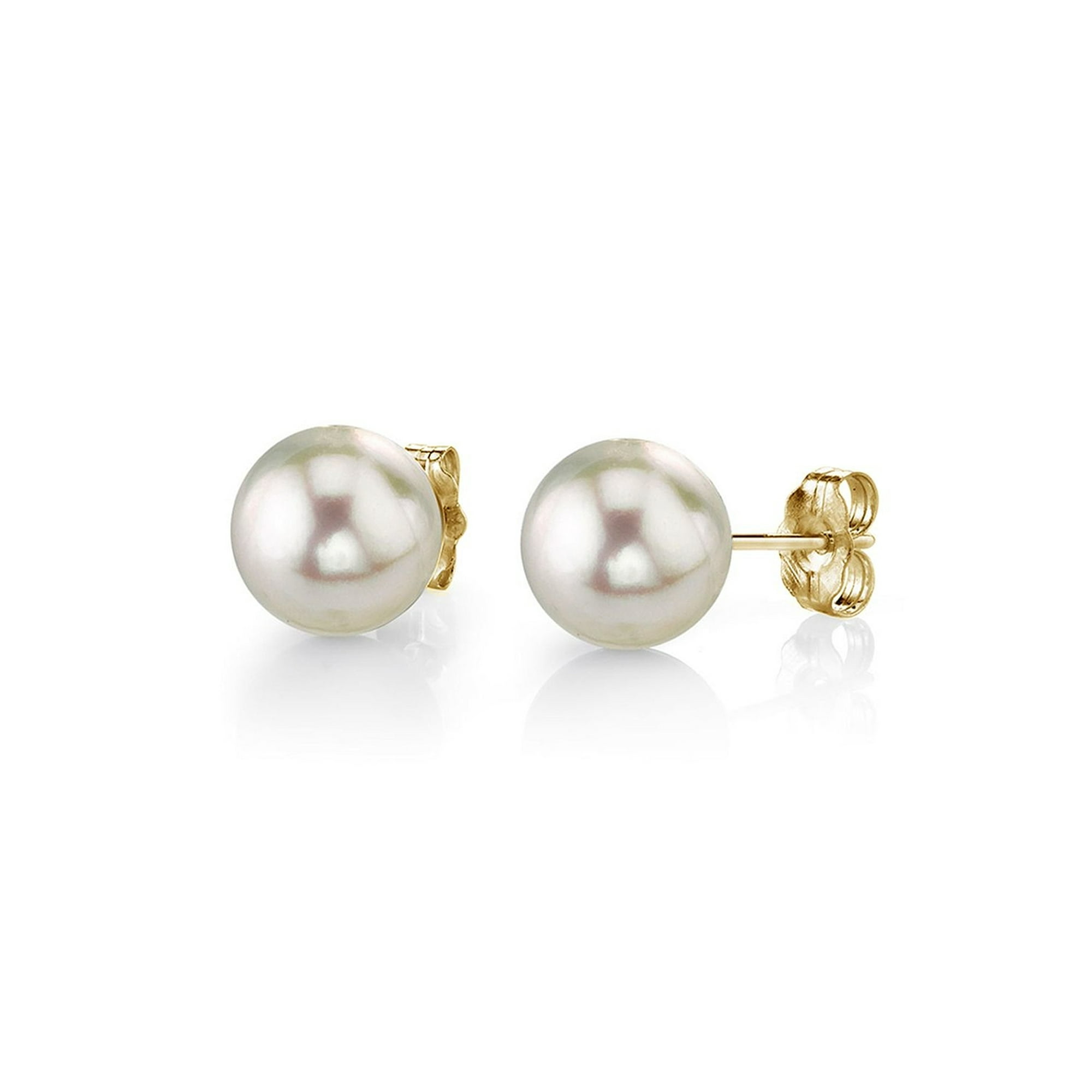 White Japanese Akoya Round Pearl Stud Earrings, 7.0-7.5mm 18K Yellow Gold / 7.0-7.5mm AAA Quality