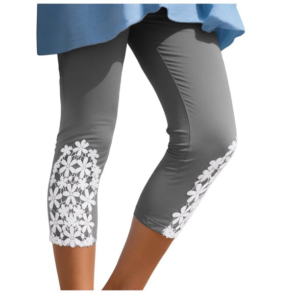 felwors Women's Capri Leggings Summer Floral Lace Trim Cropped High Waist Stretchy Soft Casual Yoga Workout Beach Tights Pants Grey for Size L