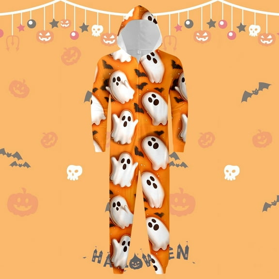 Wuxian Matching Family Halloween Pajamas Hooded Jumpsuits One-Piece Cute Pumpkin Bat Funny Printed Sleepwear Set Zipper Up Long Sleeve Leisure Fit Cozy Loungewear For Men,Orange,L