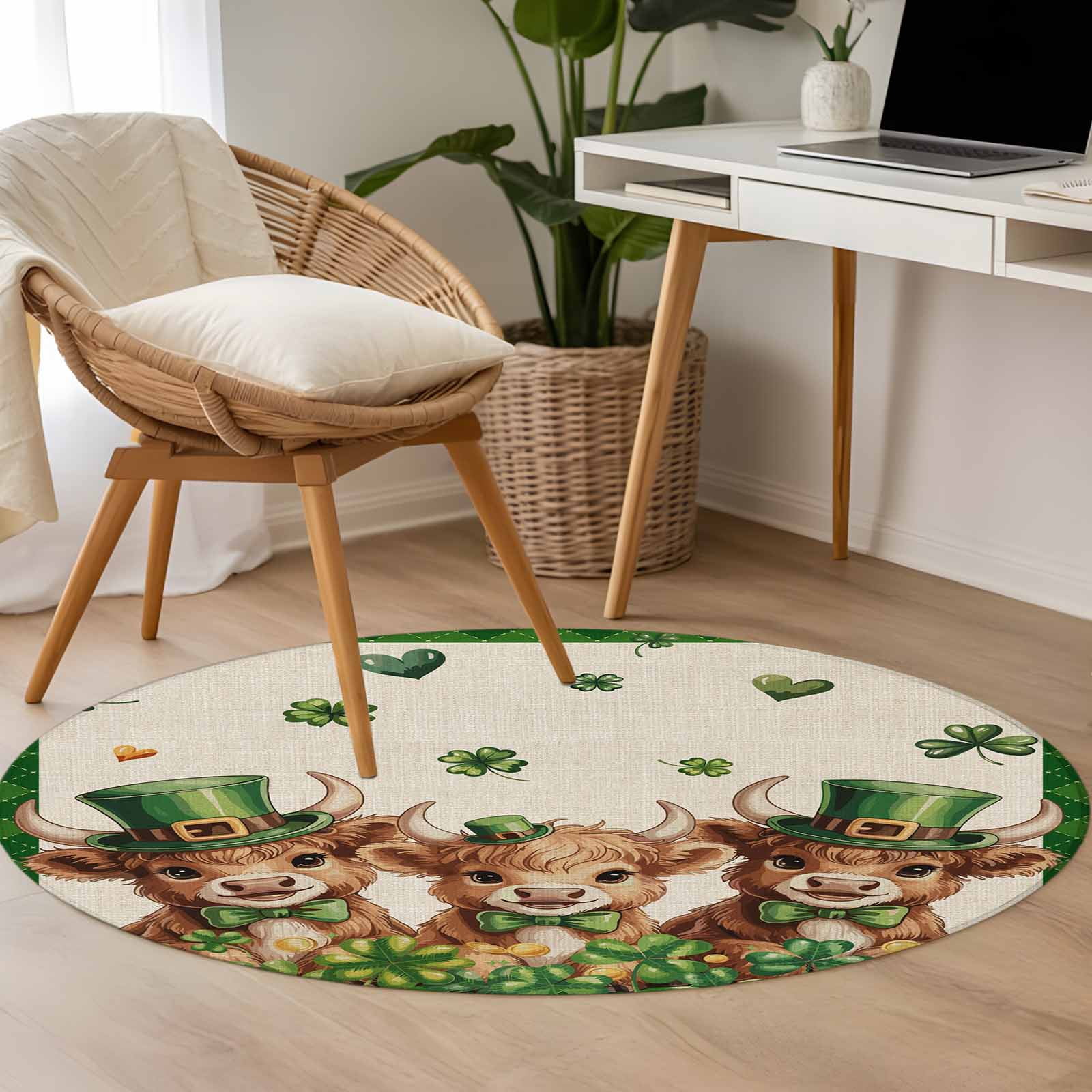 Round Rug 3.3Ft Washable Non-Slip, St. Patrick's Day Circle Area Rugs for Living Room Bedroom, Green Shamrock Highland Cow Glod Coin Beige Indoor Floor Mats Carpet Runner for Home Decor Aesthetic