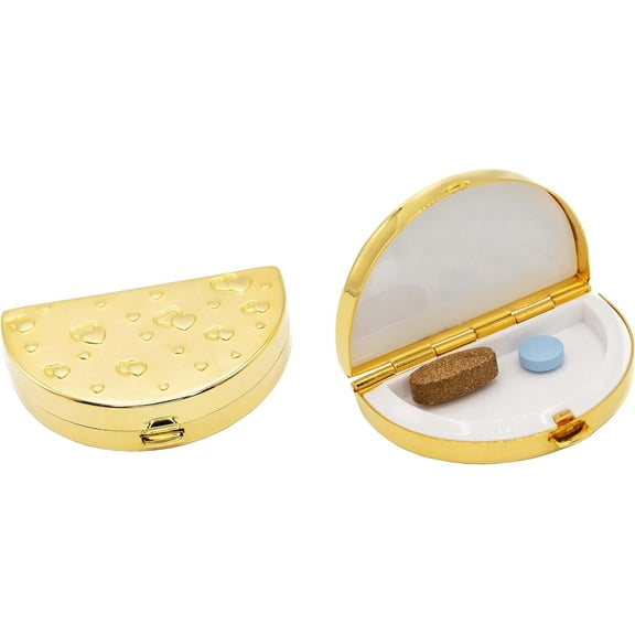 Set of 2 Semi Circular Pocket Purse Pill Box & Organizer With Dual Compartments (Gold Mini Hearts)
