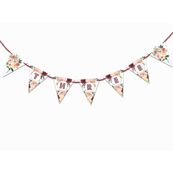 Inkdotpot Baby Birthday DecorationsI Am ThreePennant Banner Flags Baby Girls FloralsBirthday Garland
