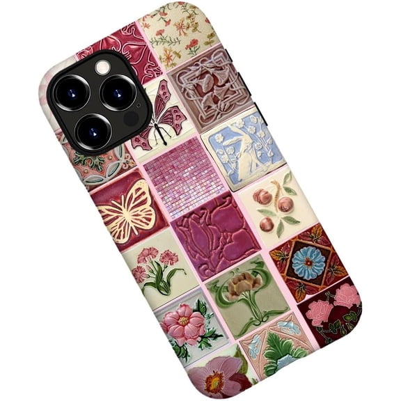 Case for iPhone 16 Pro Max, Pink Tiles Butterfly Flower Collage Phone Case Military-Grade Drop Protection Cover for Women Girl - Frosted