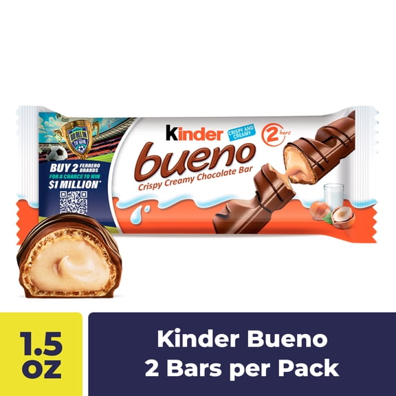 Kinder Bueno Milk Chocolate Bars with Crispy Wafer and Hazelnut Cream, 30 Count, 2 Bars per Pack, 1.5 oz Each