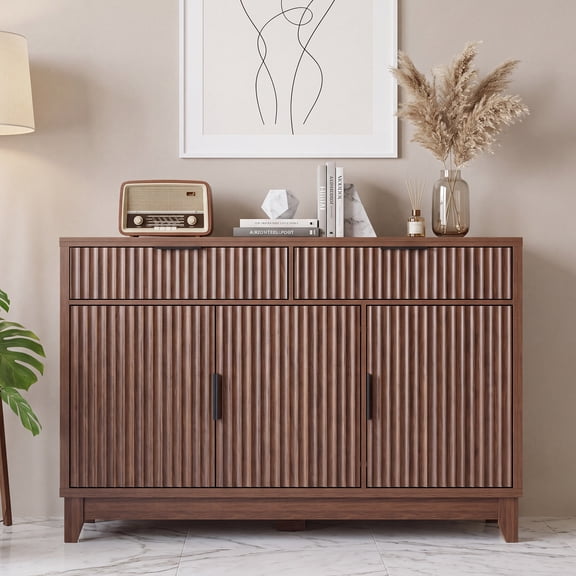 Poshby 47" Fluted Credenzas Sideboard Buffet Cabinet with 2 drawers, 3 Doors for Living Room, Walnut