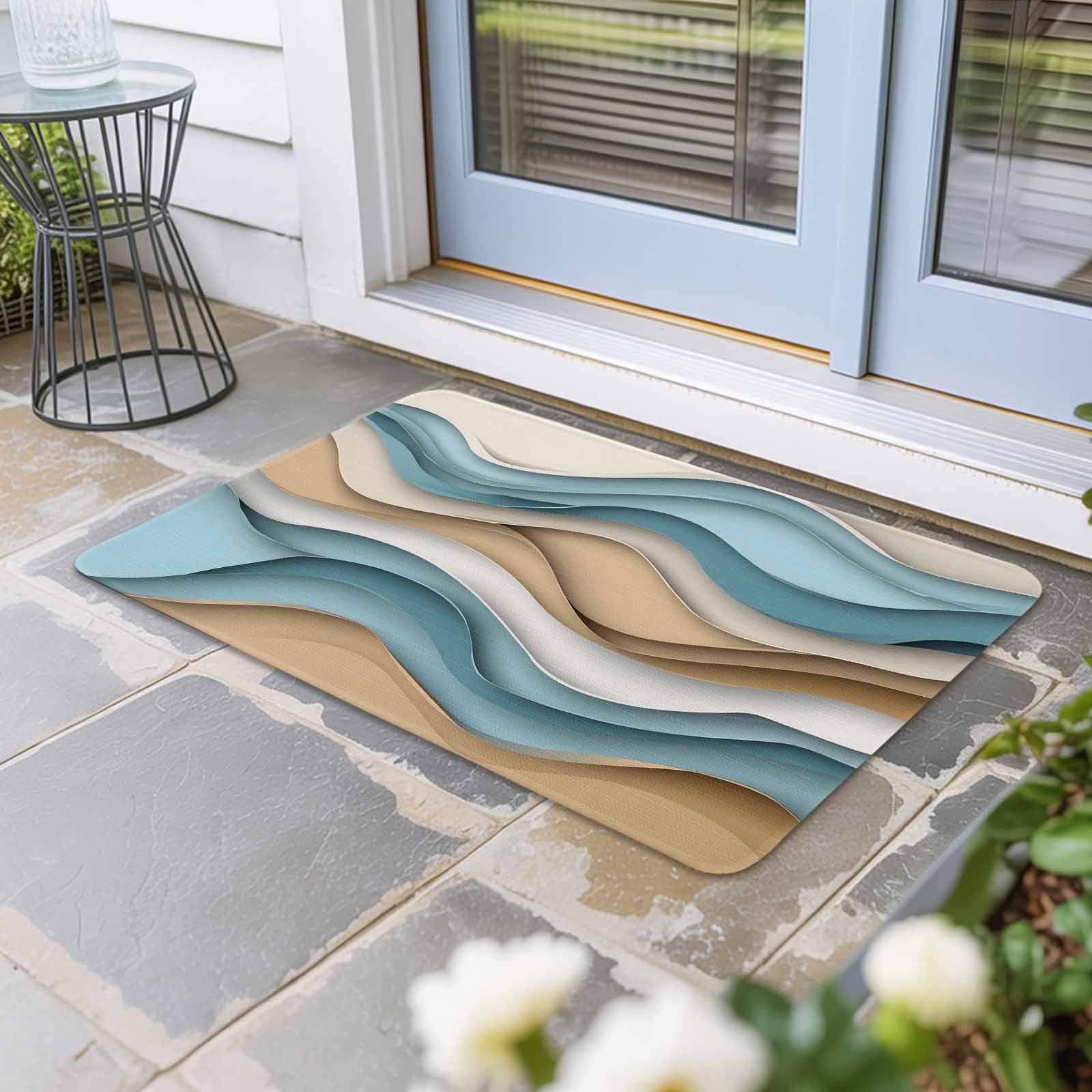 Teal Beige Ombre Doormat Outdoor Entrance 16"x24", Abstract Geometric Modern Moire Absorb Moisture Dirt Door Mats, Non-Slip Rubber Backing Floor Mats Indoor, Low-Profile Front Door Rugs