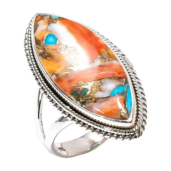 Orange Spiny Oyster Turquoise Stone Ring 925 Sterling Silver Statement Boho Rings Gift for Her