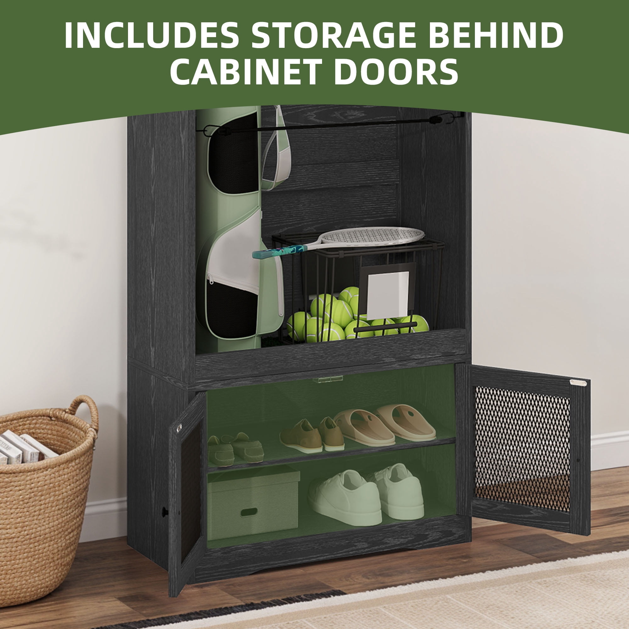 Uforic Golf Storage Cabinet with Wooden Organizer Rack and Golf Bag Stand - Matte Black