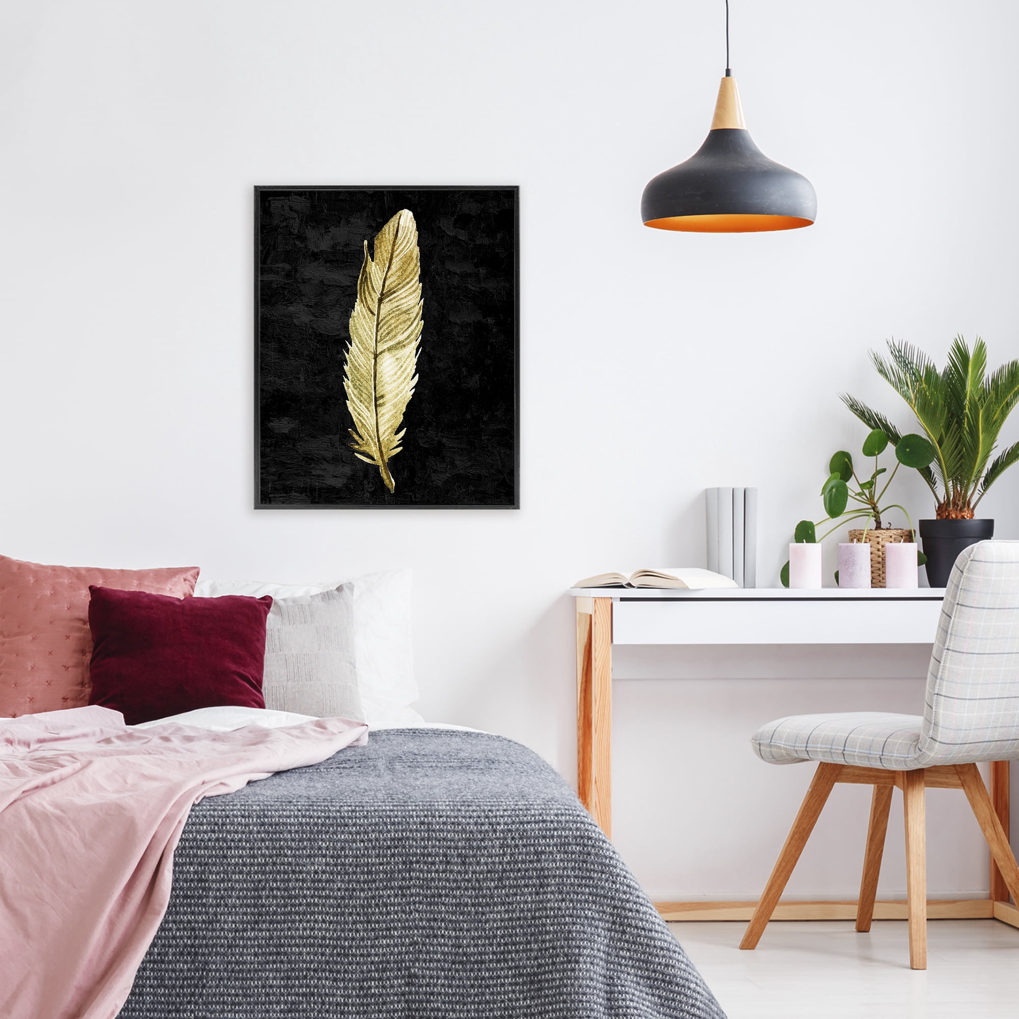 Curved Feather on Black Black Framed Giclee Art, design by Kim Allen