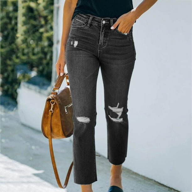 XZNGL Womens Jeans Size 14 Fashion Women Pockets Button Mid Waist Skinny  Ripped Jeans Trousers Hole Denim Pants Womens Jeans Size 12 Womens Jeans  Size 16 Womens Jeans Size 10 Womens Jeans Size 8 