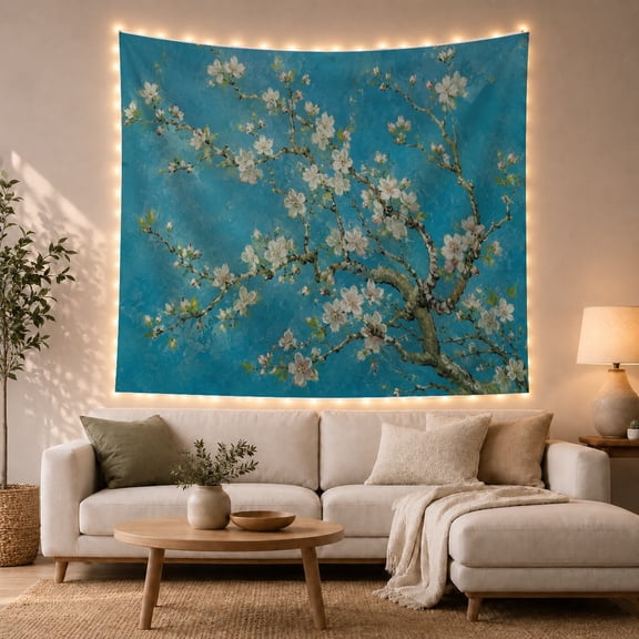 Flowering Branch Across Teal Blue, Peaceful Watercolor for Flower Lovers, Botanical Wall Art, Mother'S Day Gift, Tapestry Wall Hanging for Bedroom and Living Room