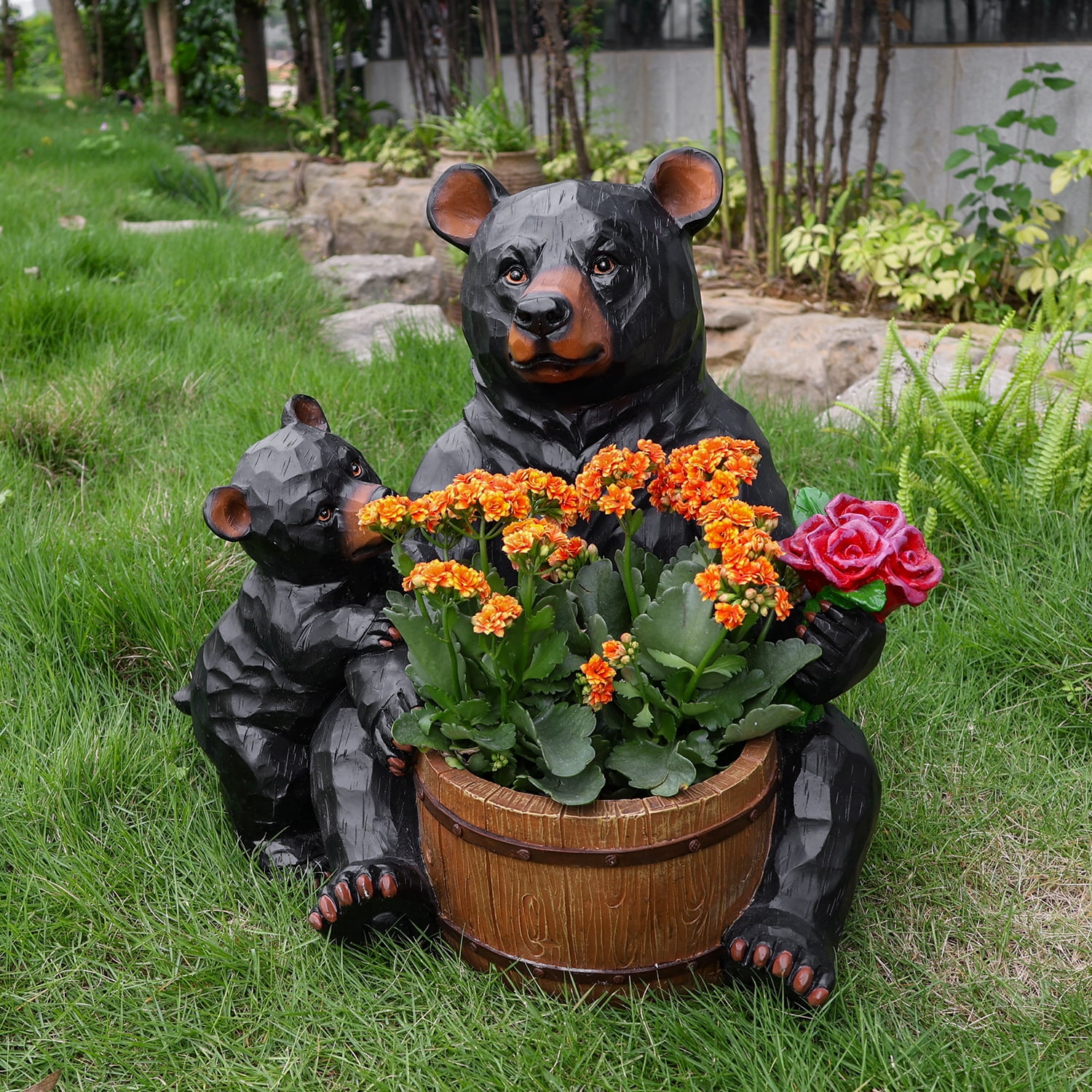 Outdoor Garden Bear Flower Pot Planter, Unique Yard Statue for Patio, Lawn, Garden, Backyard Landscape Decor, Black