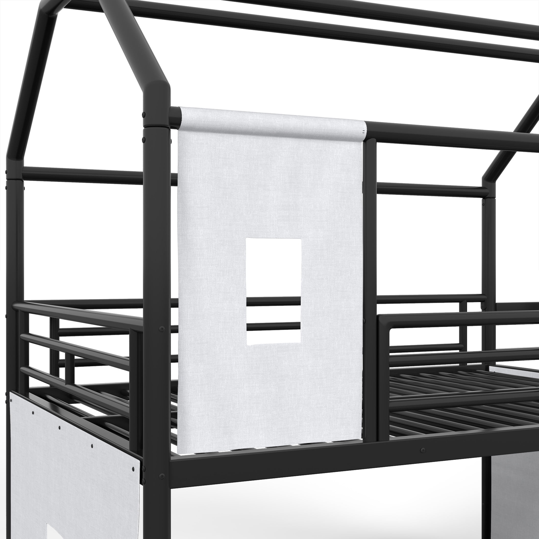 GDF Studio Full over Full Playhouse Bunk Bed with Slide, Ladder, LED Light, Cabinet & Curtain Rod, Black