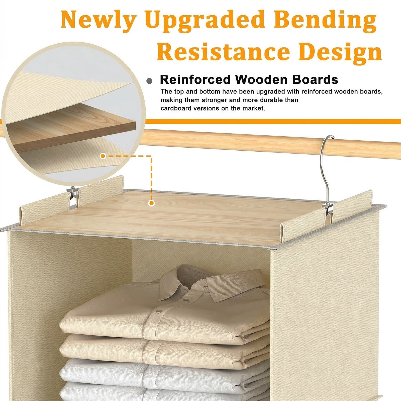 Closet Hanging Storage Shelves, 6-Shelf Hanging Closet Organizer with Bamboo Inserts, Foldable Closet Organizers and Storage for Bedroom,Sturdy Hook Closet Storage W/ 2 Side Pockets,Gray