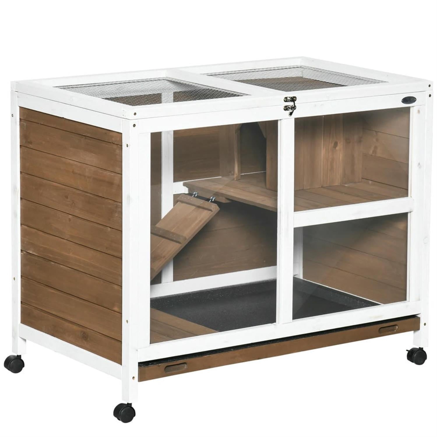 Kadyn 36" Indoor Wooden Rabbit Hutch with Openable Roof, Removable Tray and Wheels, Outdoor Bunny Cage for Bunnies, Guinea Pigs, Brown