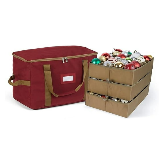 Ornament Storage Bag, Keepsakes Holiday Decor Organizer - Padded, Adjustable Dividers, Carrying Handles, Red - Holds 66 Ornaments