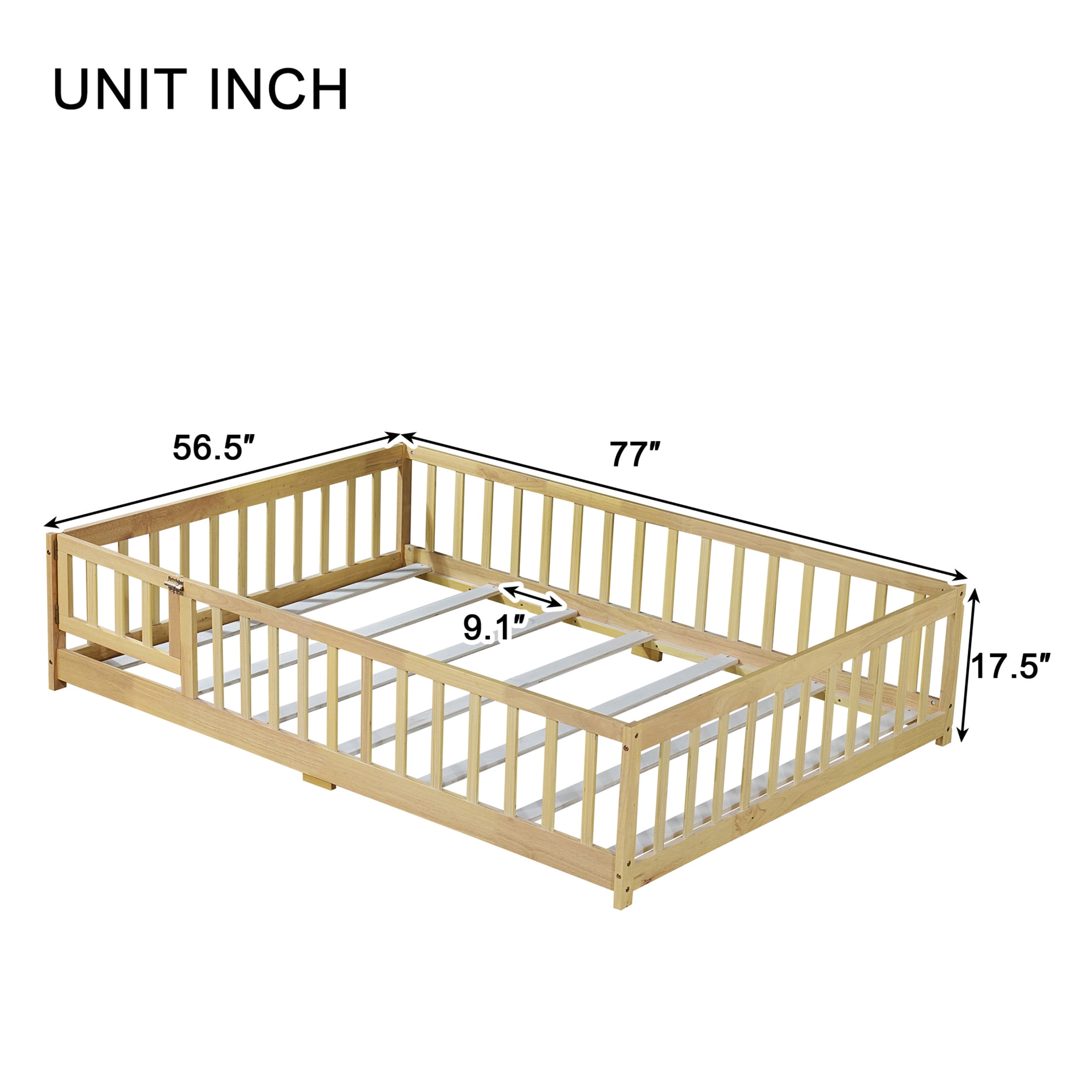 Noble House Mira Full Floor Bed with Fence and Door, Sturdy Rubber Wood Montessori Bed Frame, Kid's Room, Natural