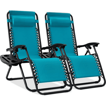 Set of 2 Adjustable Steel Mesh Zero Gravity Lounge Chair Recliners w/Pillows and Cup Holder Trays - Peacock Blue