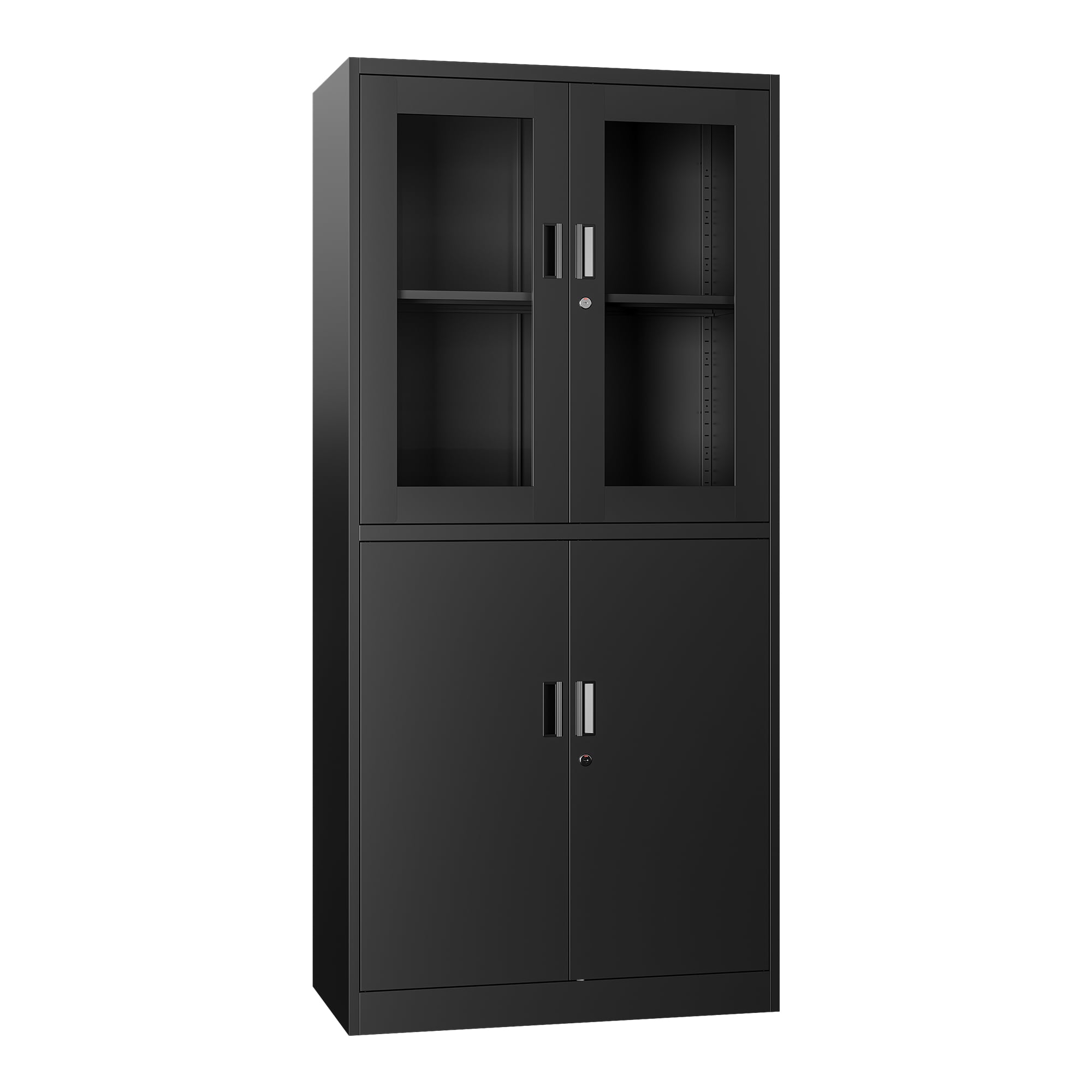 STANI Heavy Duty Metal Cabinet with Lock, Tall Office Storage Cabinet with Glass Door, Lockable Black Steel Cabinet with 2 Adjustable Shelves for Home, Clinic, Pantry, Basement