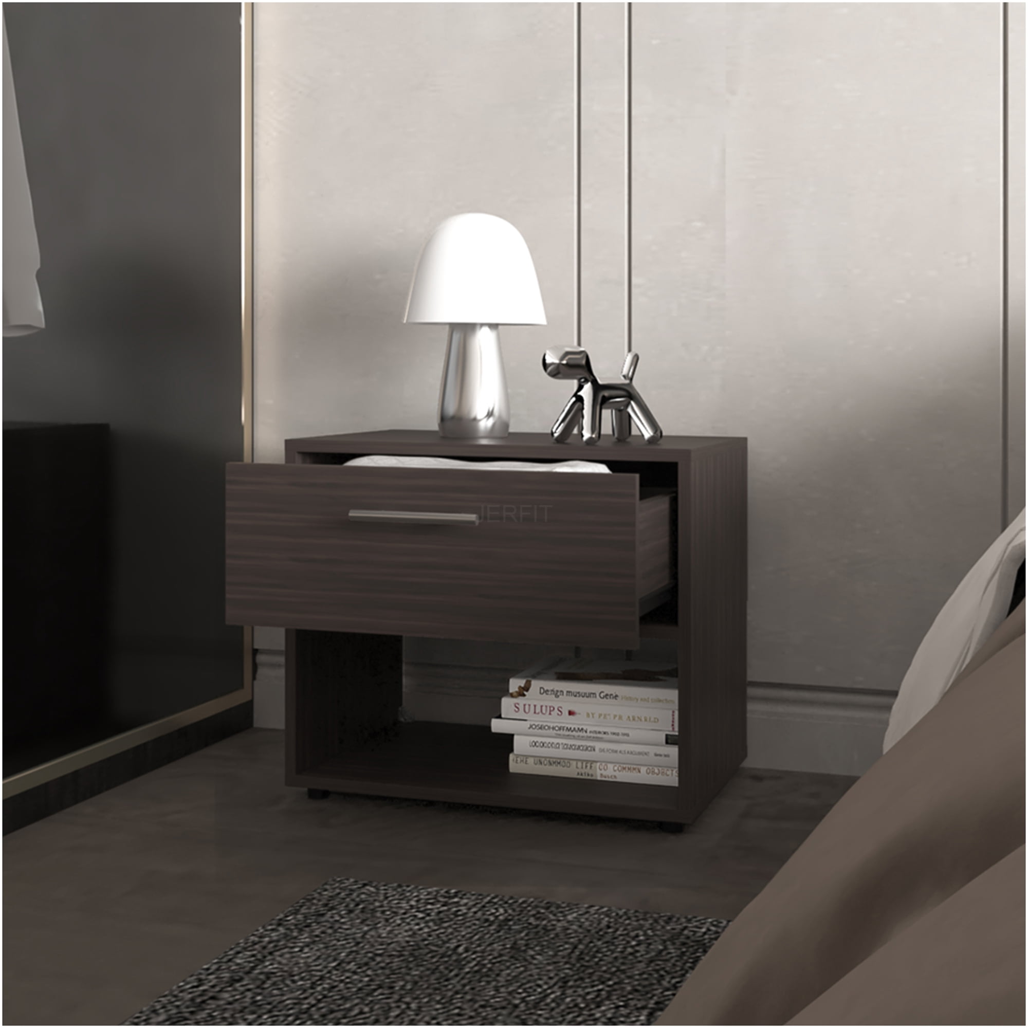 JERFIT Modern Nightstand with Drawer and Shelf Dark Walnut Bedside Table for Small Space Engineered Wood Bedroom End Table