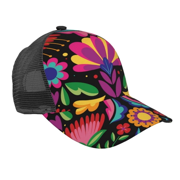 Picia Colorful Floral Embroidery Mexican Pattern Trucker Hat,Baseball Cap,Sun Protection Cap,Stylish Headwear,Leisure Cap,Outdoor Sports Cap