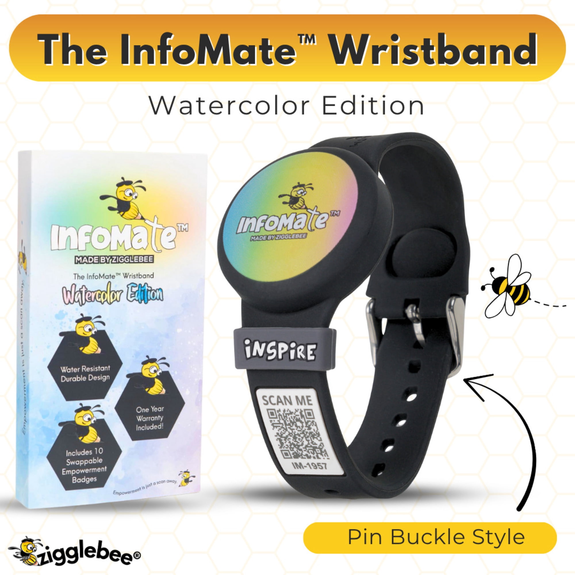 InfoMate by Zigglebee QR Code Medical Bracelet and AirTag Holder Wristband, Midnight Black, Pin Buckle