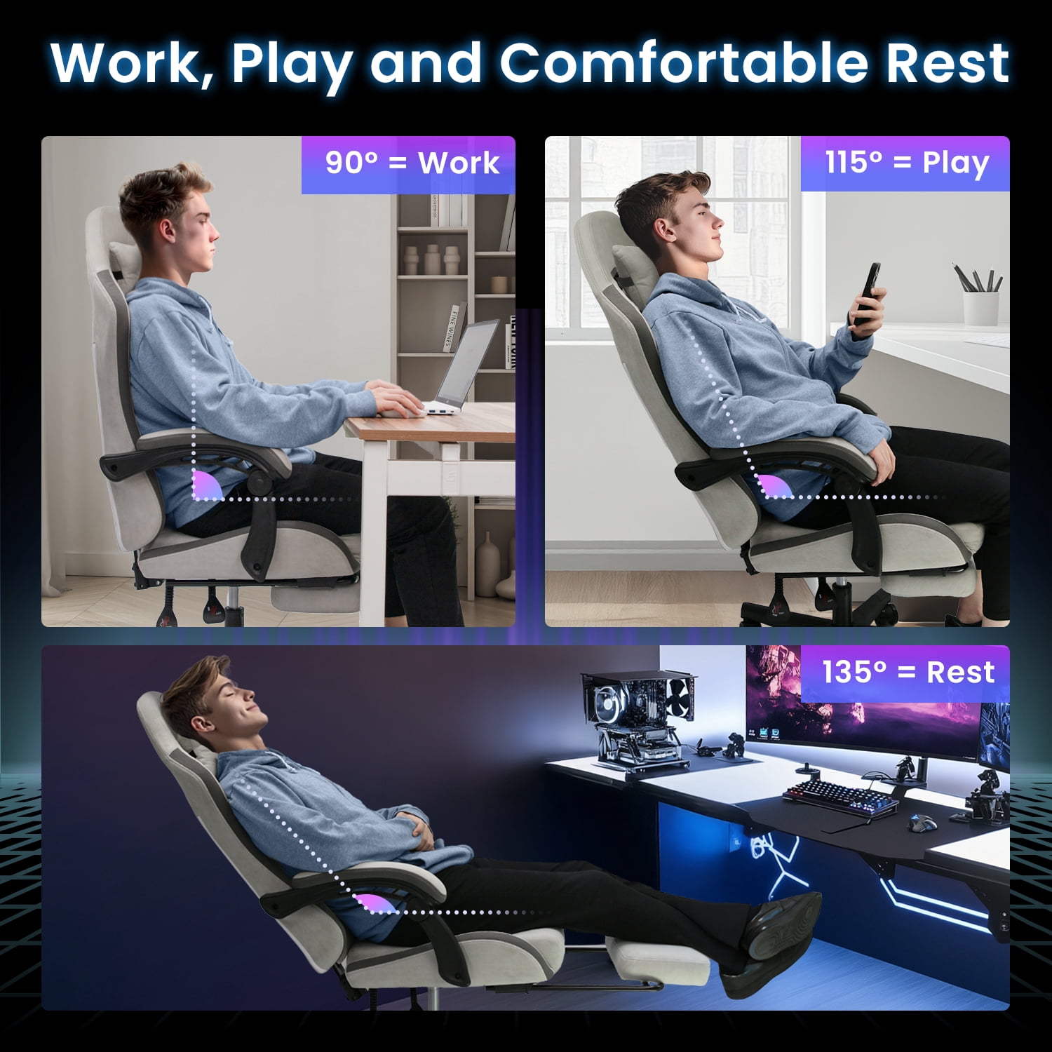 N-GEN GAMING Video Gaming Chair Office Computer Desk Use Ergonomic Reclining Backrest Adjustable Armrests Lumbar Support Footrest High Density Foam Breathable Fabric Heavy Duty Base (Grey)