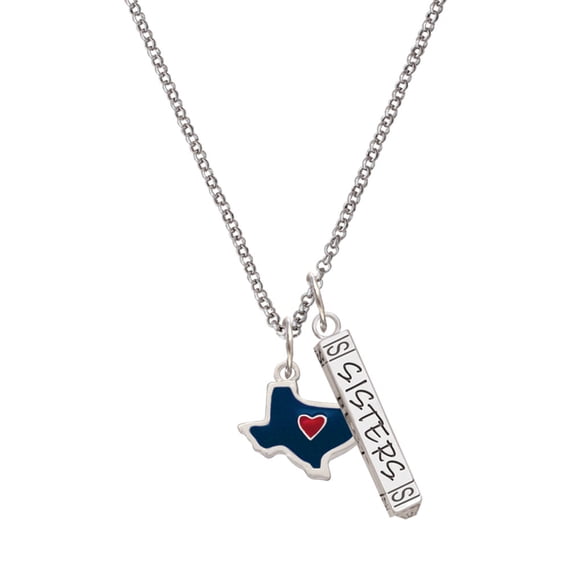 Delight Jewelry Silvertone Blue Texas with Red Heart Silvertone Sisters Best Friends Forever Bar Charm Necklace, 23"