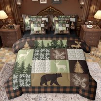 Feelyou Farmhouse Moose Bear Bedding Comforter Set 7 Pieces, Brown Green Stripes Buffalo Full Bedding Set, Rustic Tree Botanical Reversible Fitted Sheet Flat Sheet, Ultra Soft Bedroom Decor